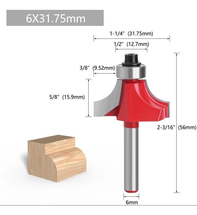 Fresa Madera Cuarto Rodon 3un Toma 6mm R 9.52, 11.1 Y 12.7mm